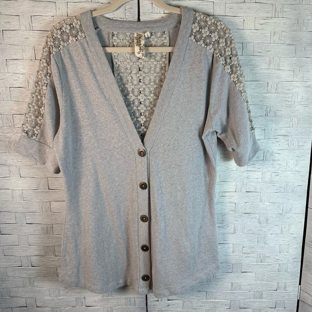 Aventura Short Sleeve button down Knit lace Cardigan floral feminine organic